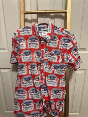 Tipsy Elves Red and White All-Over Label Print Short-Sleeve Button-Up